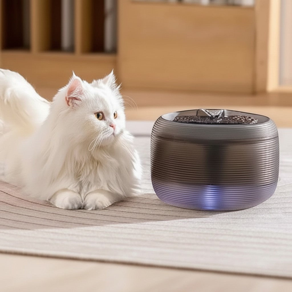 Fontaine à eau pour chat Esprit Chat ultra silencieuse en plastique noir avec filtre et lumière LED bleue