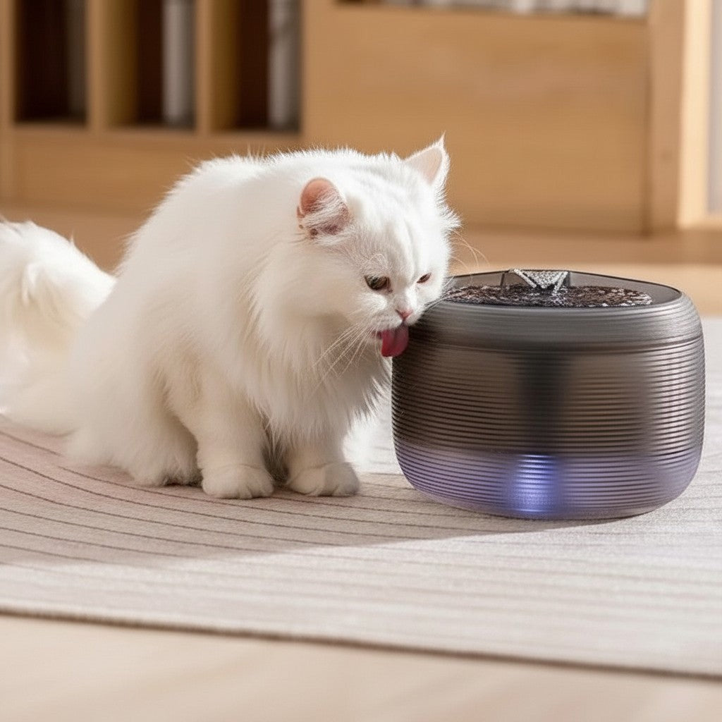 Fontaine à eau pour chat Esprit Chat ultra silencieuse en plastique noir avec filtre et lumière LED bleue