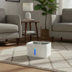 Fontaine à eau connectée blanche en plastique pour chat, avec indicateur LED bleu, design moderne.