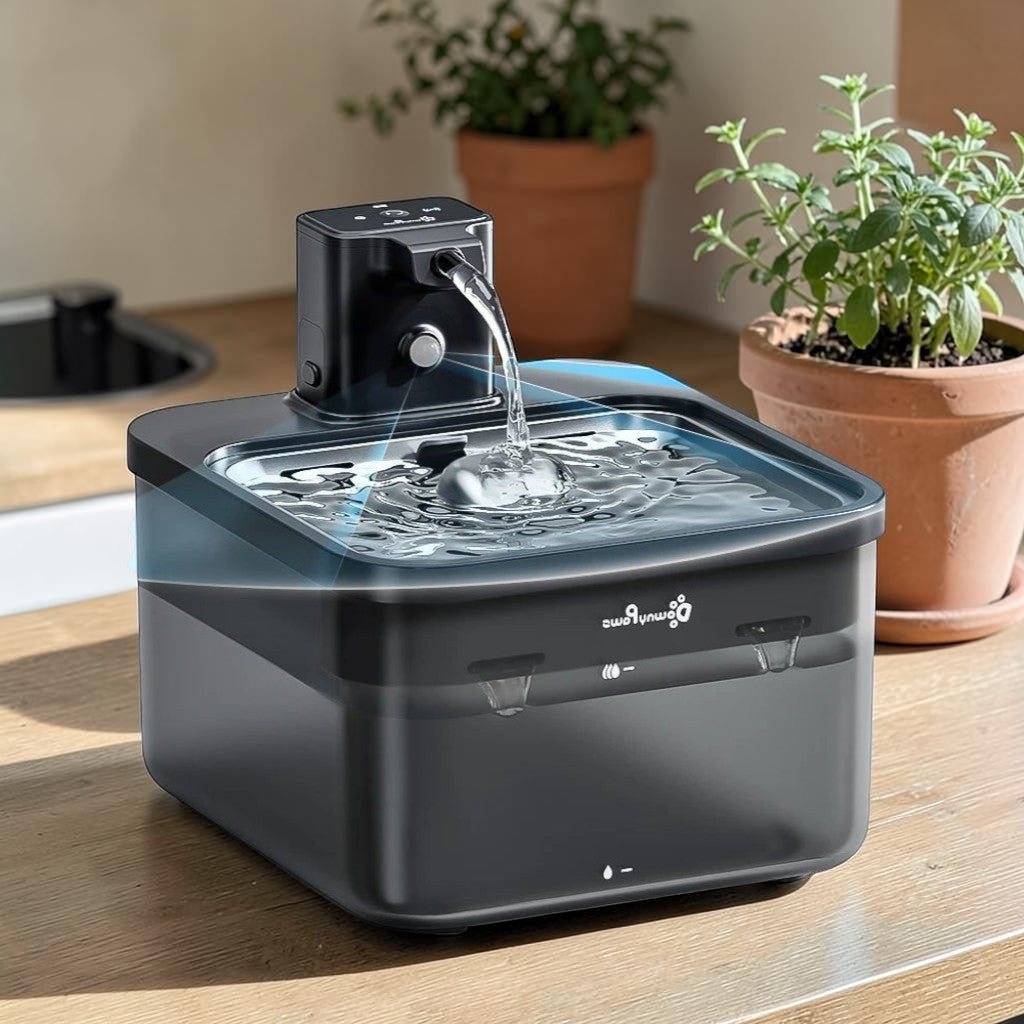 Fontaine à eau automatique Esprit Chat en acier inoxydable, 2.5L, avec filtration et détecteur de niveau bas.