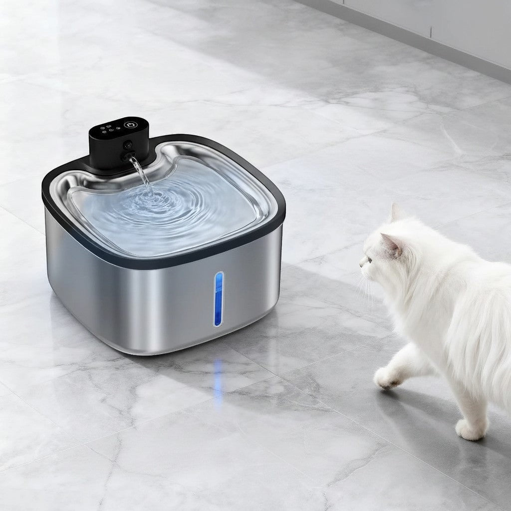 Fontaine à eau en acier inoxydable LABEKA pour chat, avec 3 modes de fonctionnement : capteur, temporisé et continu. Un chat blanc s'approche de la fontaine.