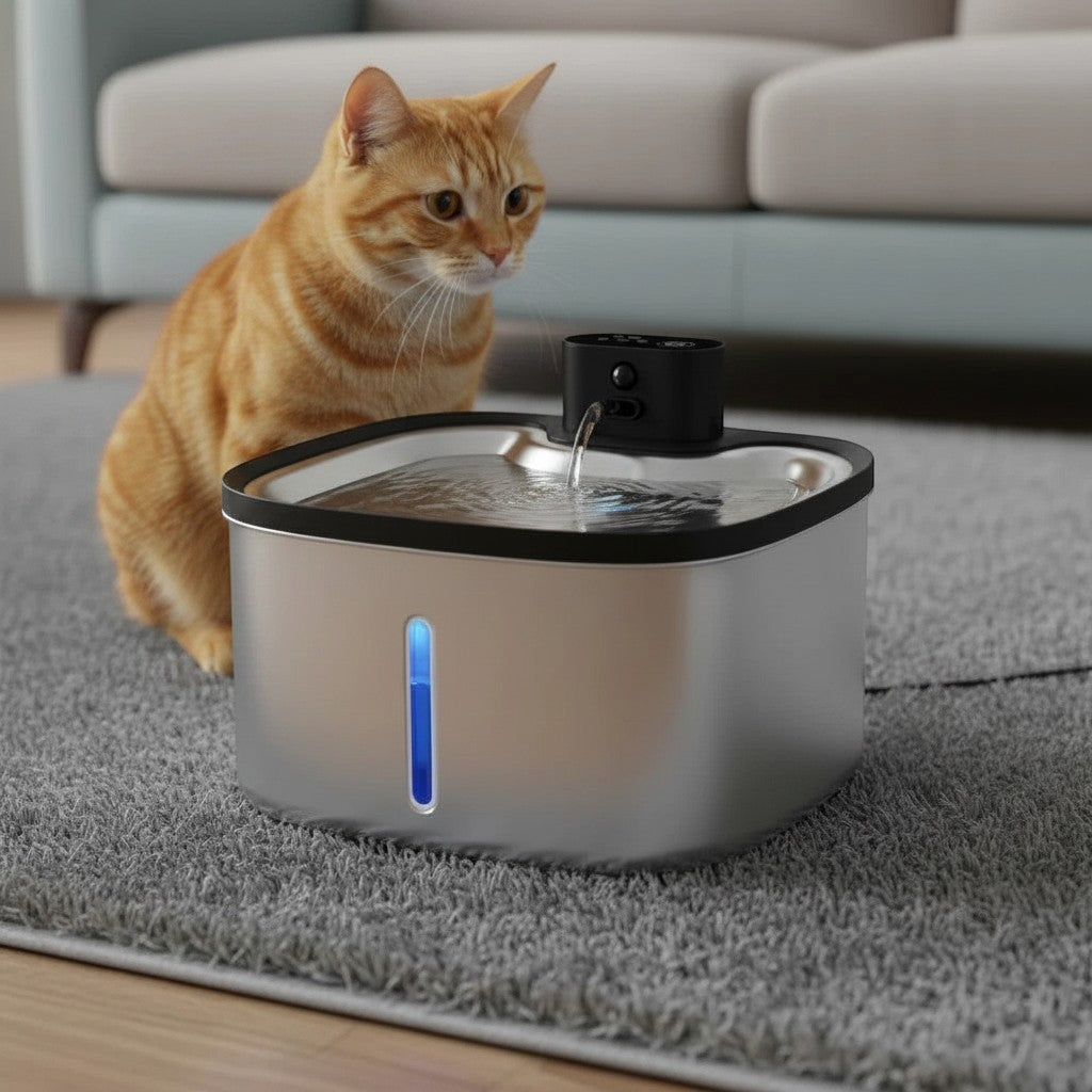 Fontaine à eau sans fil en acier inoxydable argenté pour chats Esprit Chat, avec indicateur de niveau d'eau bleu.