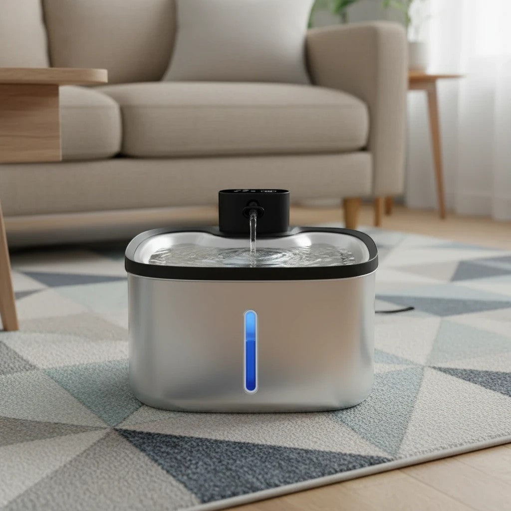 Fontaine à eau en acier inoxydable argenté pour chat LABEKA, avec indicateur de niveau bleu.