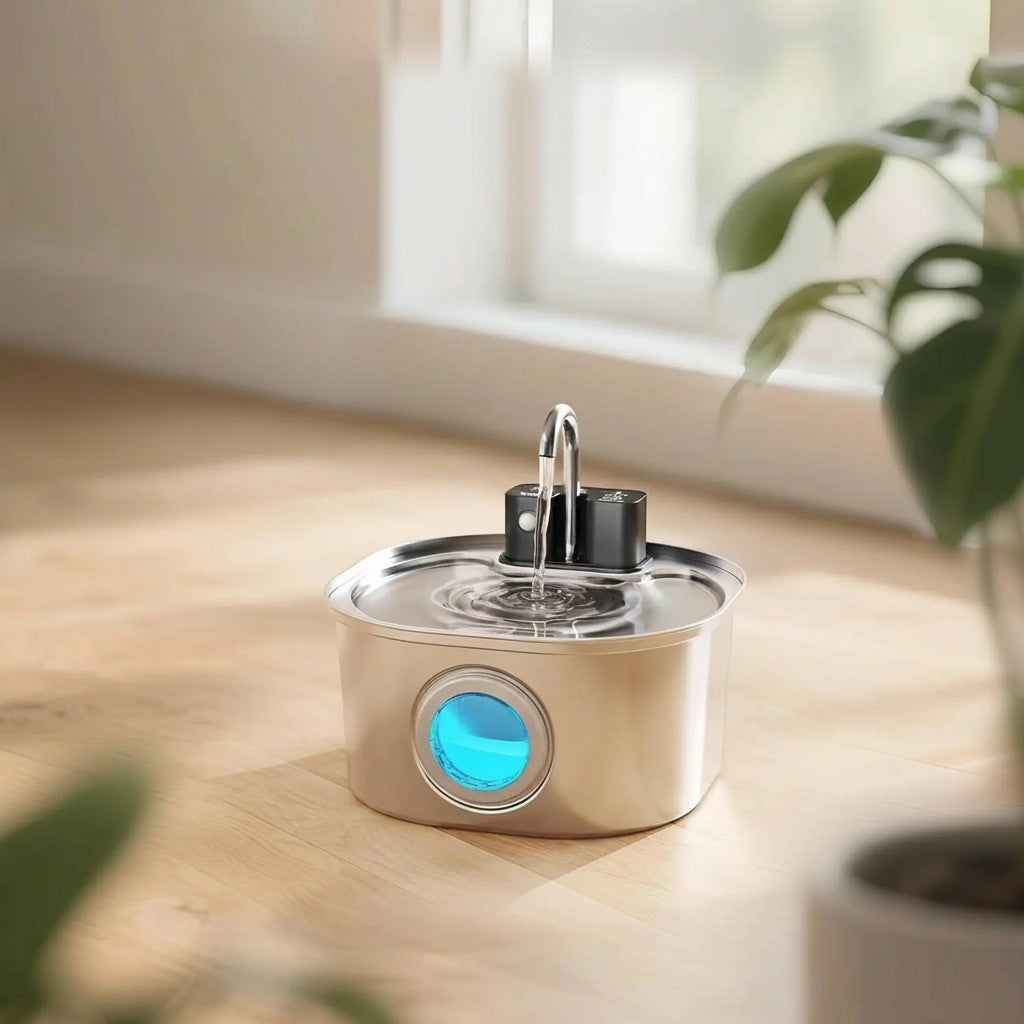Fontaine à eau sans fil en acier inoxydable pour chats, avec indicateur lumineux bleu, par Esprit Chat.