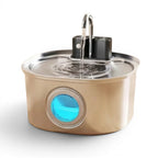Fontaine à eau en acier inoxydable Esprit Chat avec indicateur lumineux bleu et robinet argenté.