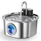 Fontaine à eau en acier inoxydable pour chats, avec bec verseur argenté et indicateur lumineux bleu.