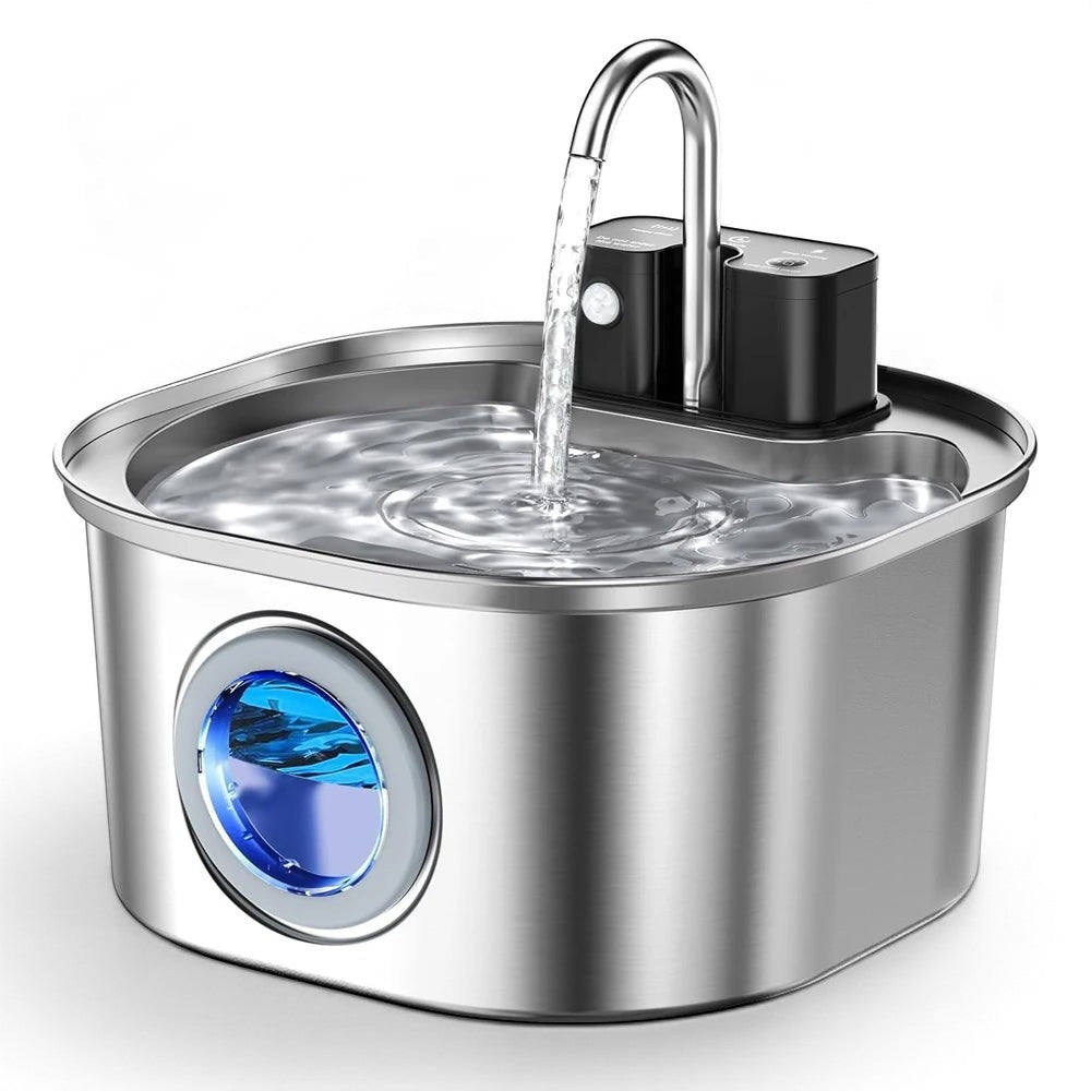 Fontaine à eau en acier inoxydable pour chats, avec bec verseur argenté et indicateur lumineux bleu.