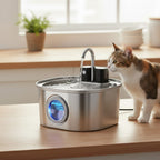 Fontaine à eau en acier inoxydable pour chat Esprit Chat avec un chat curieux et une main interagissant avec l'eau.