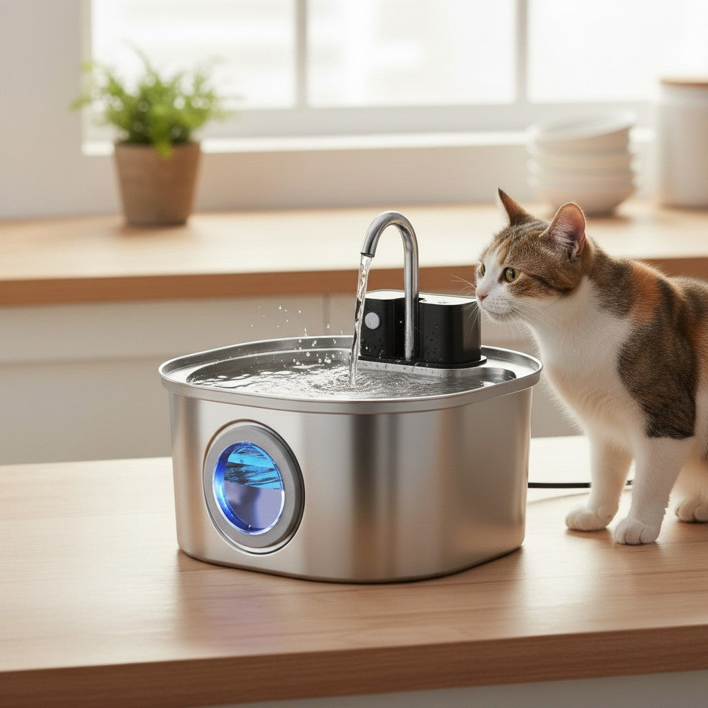 Fontaine à eau en acier inoxydable pour chat Esprit Chat avec un chat curieux et une main interagissant avec l'eau.