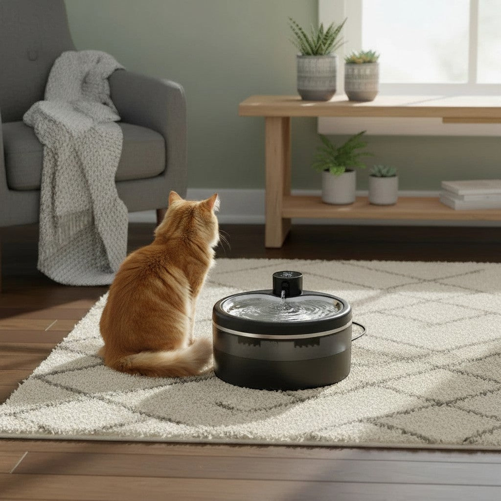 Fontaine à eau silencieuse en acier inoxydable noir pour chats, par Esprit Chat, avec capteur de mouvement et filtration.