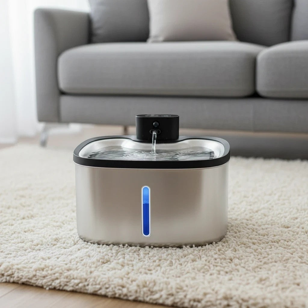 Fontaine à eau sans fil en acier inoxydable LABEKA pour chats, avec indicateur de niveau d'eau bleu.