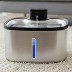 Fontaine à eau sans fil en acier inoxydable LABEKA pour chats, avec indicateur de niveau d'eau bleu.