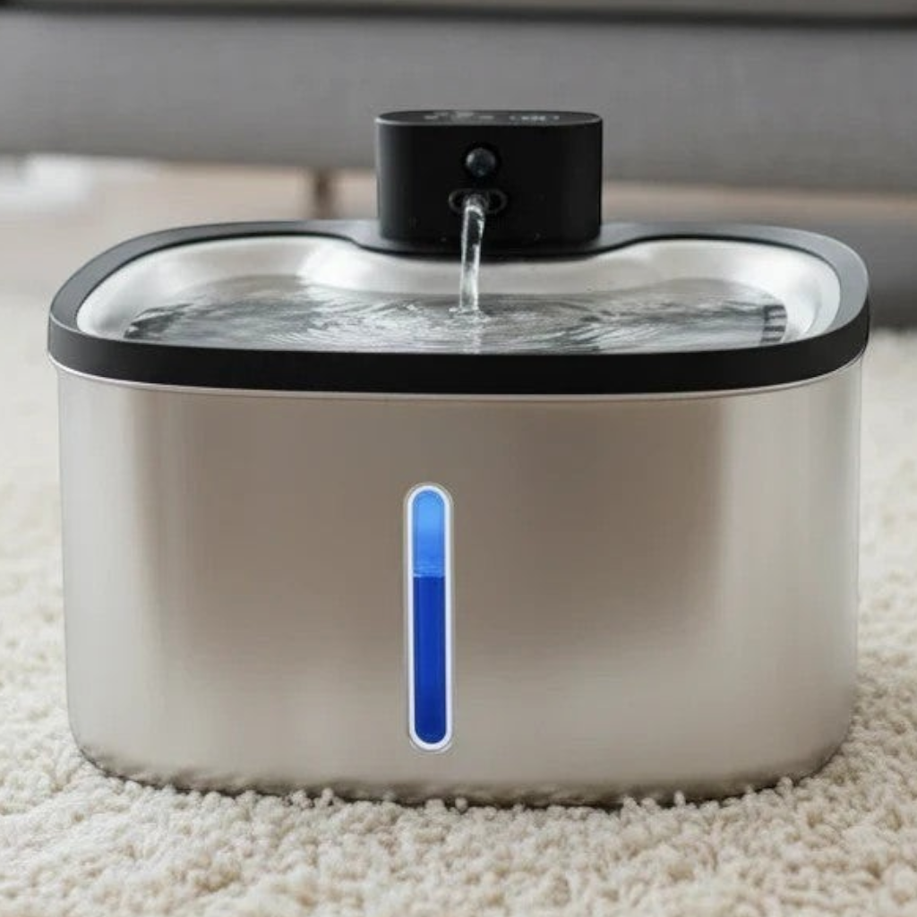 Fontaine à eau sans fil en acier inoxydable LABEKA pour chats, avec indicateur de niveau d'eau bleu.