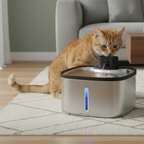 Fontaine à eau sans fil en acier inoxydable LABEKA pour chats, avec indicateur lumineux bleu.