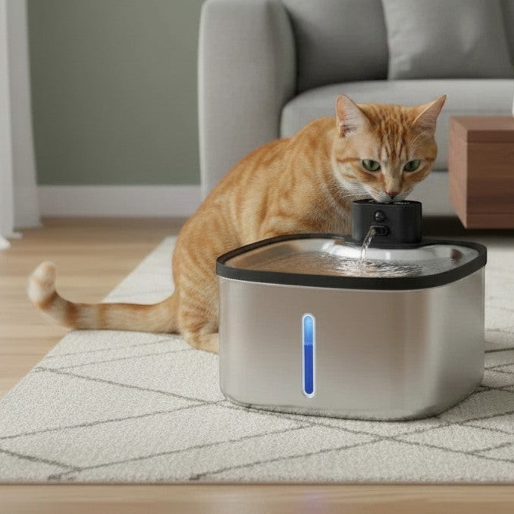 Fontaine à eau sans fil en acier inoxydable LABEKA pour chats, avec indicateur lumineux bleu.