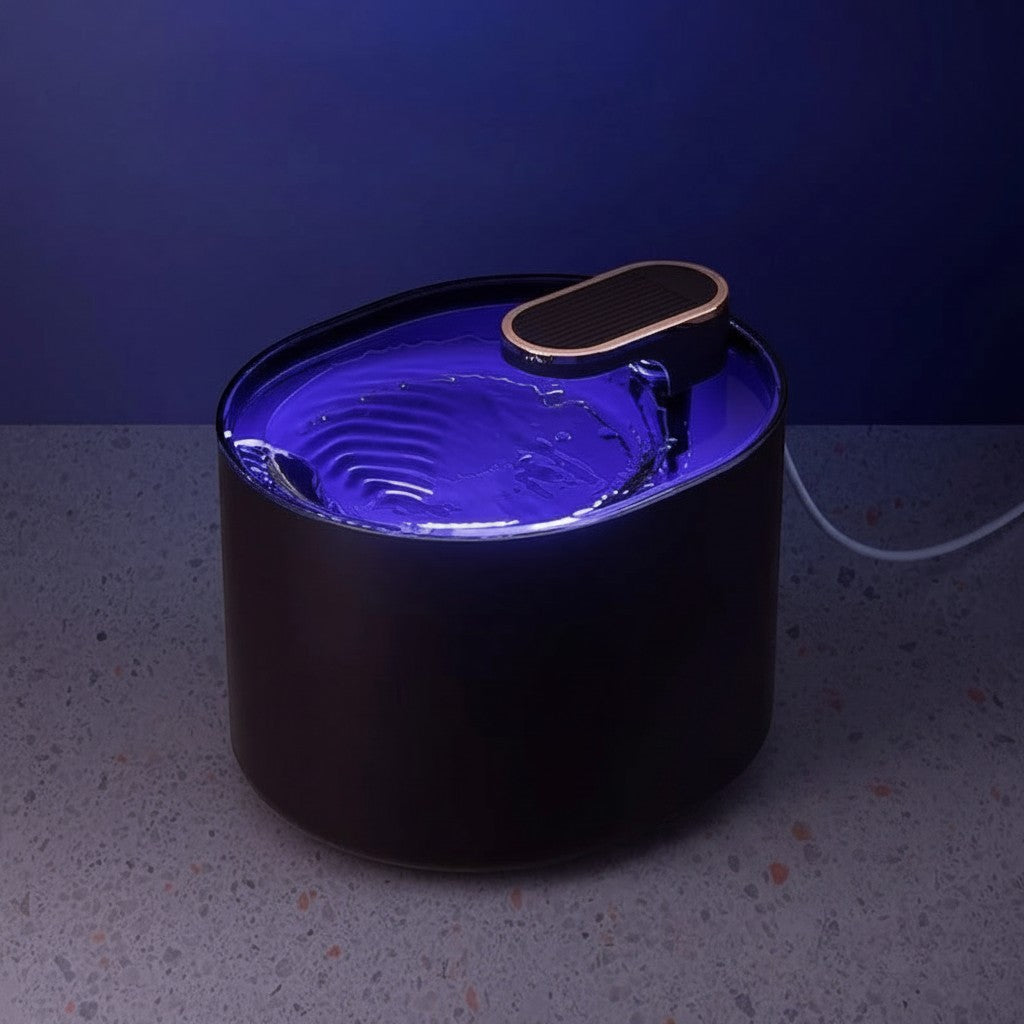 Fontaine à eau moderne Esprit Chat en plastique noir avec éclairage LED bleu, 3L, silencieuse et filtrante.