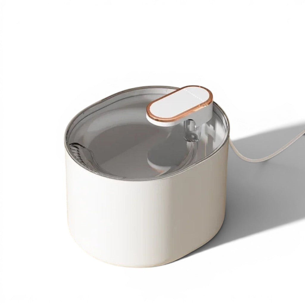 Fontaine à eau moderne Esprit Chat en plastique blanc et cuivre, 3L, avec filtre et capteur de mouvement.