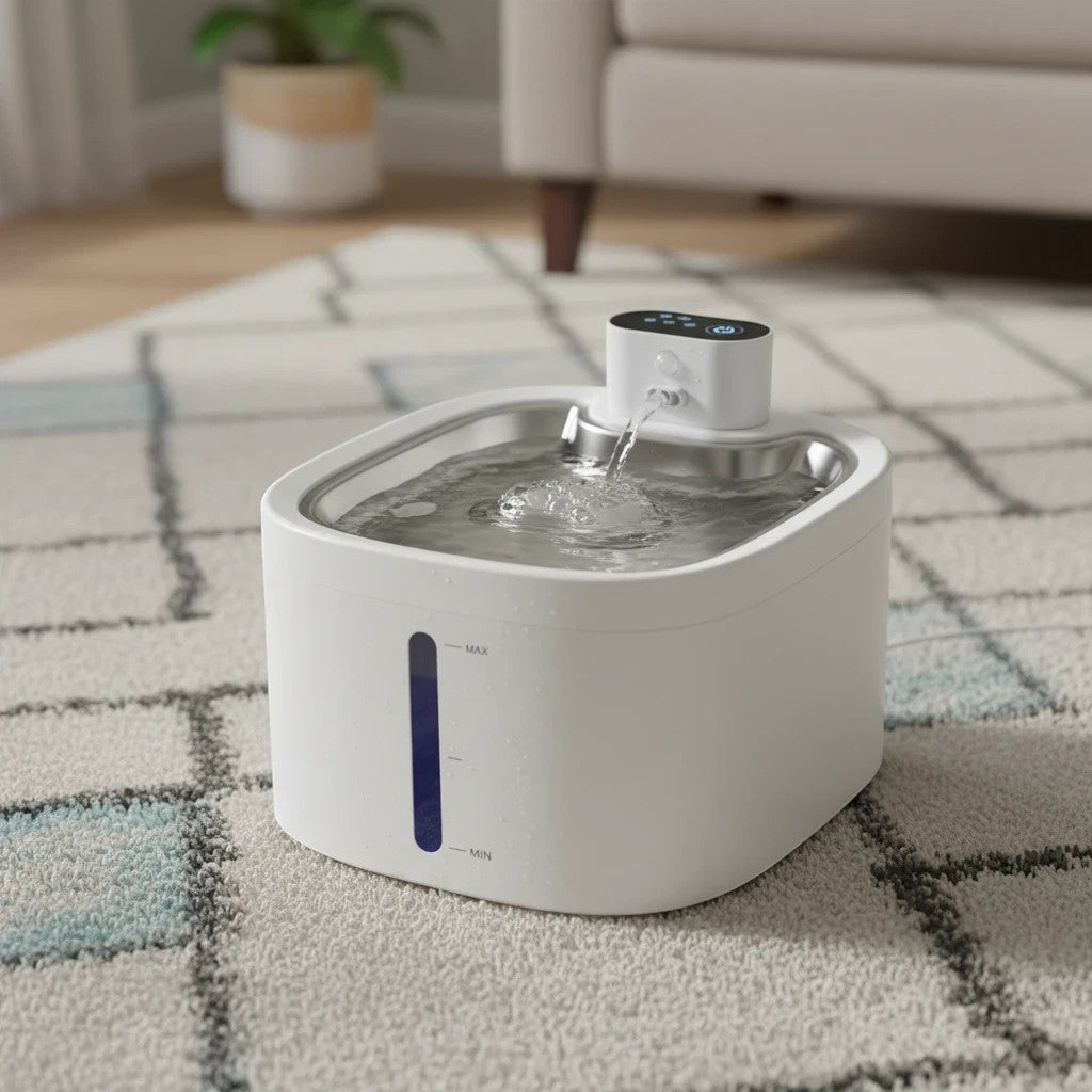 Fontaine à eau sans fil LABEKA en acier inoxydable pour chats, avec indicateur de niveau d'eau et bec verseur silencieux.