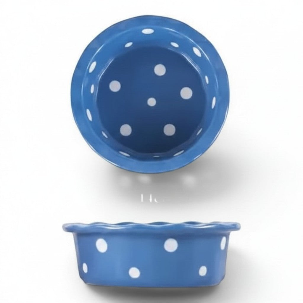 Gamelle Esprit Chat ronde en céramique bleue à pois blancs pour chat, diamètre 14 cm