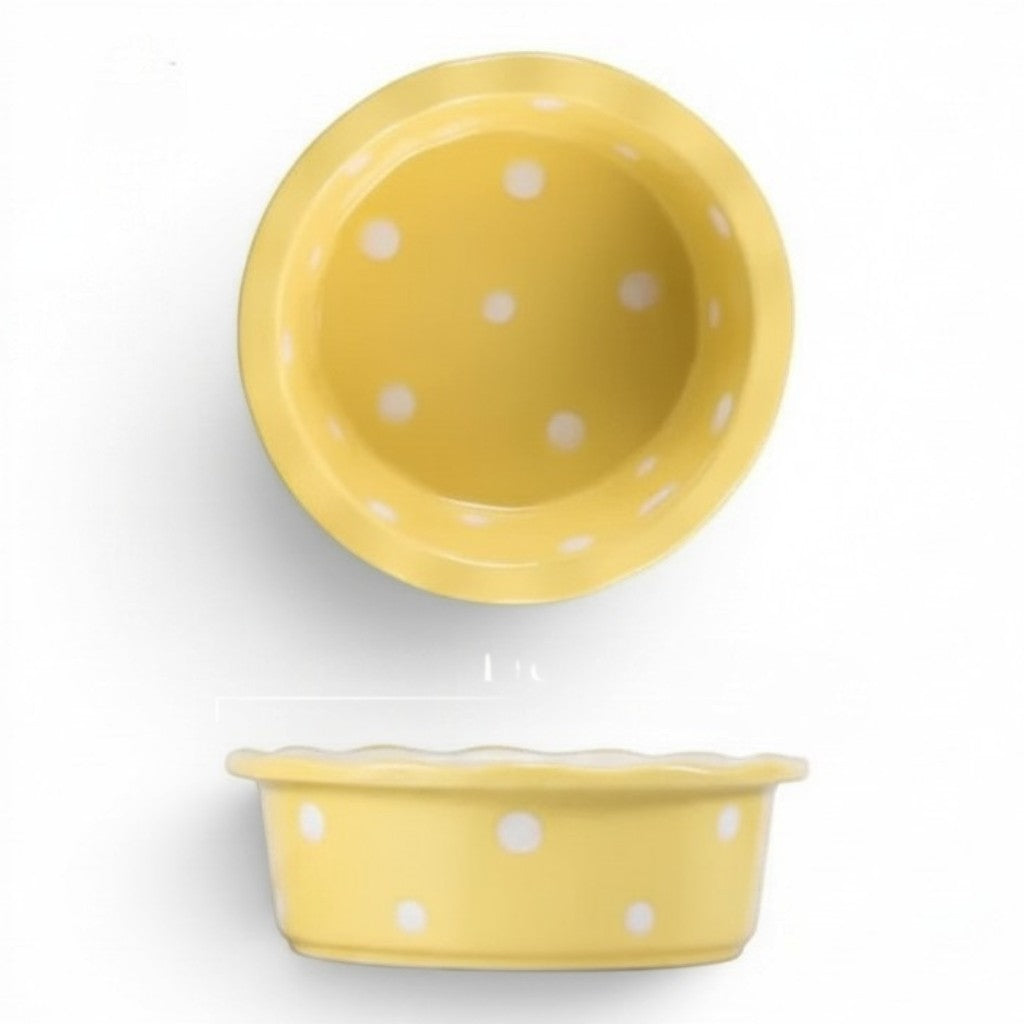 Gamelle Esprit Chat ronde en céramique jaune à pois blancs pour chat, diamètre 14 cm, vue de dessus et de profil.