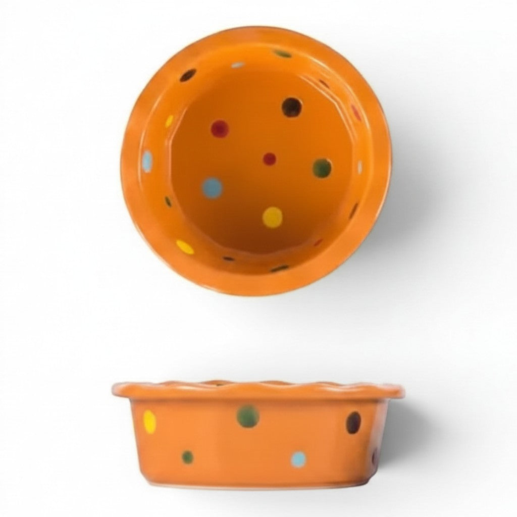 Gamelle pour chat Esprit Chat en céramique orange ronde avec des pois colorés, vue de dessus et de profil