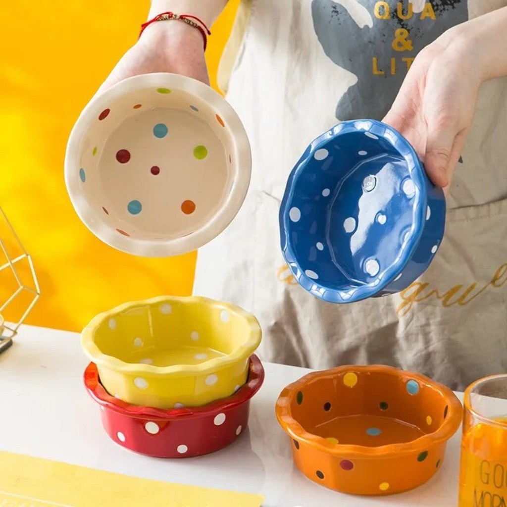 Gamelle Esprit Chat en céramique ronde avec motifs à pois colorés pour chat