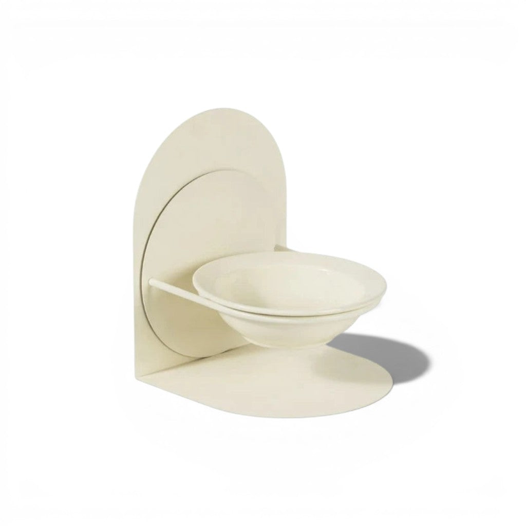 Gamelle pour chat Esprit Chat en céramique beige avec support réglable au design minimaliste et arrondi