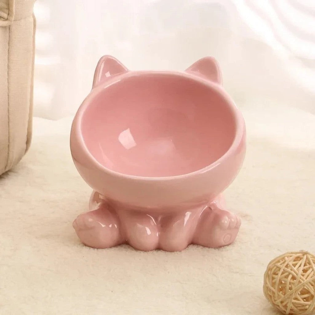 Gamelle pour chat Esprit Chat en céramique rose avec oreilles et pattes, design ergonomique pour protéger les cervicales