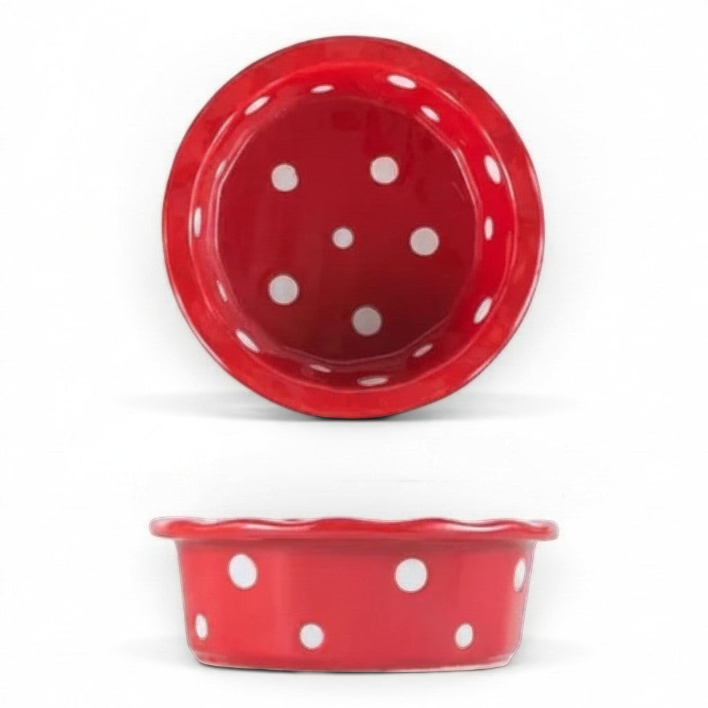 Gamelle pour chat Esprit Chat en céramique rouge à pois blancs, forme ronde de 14 cm de diamètre.