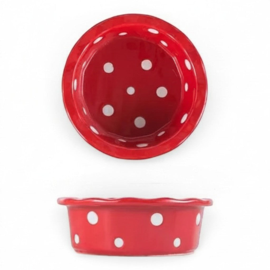 Gamelle pour chat Esprit Chat en céramique rouge à pois blancs, forme ronde de 14 cm de diamètre.