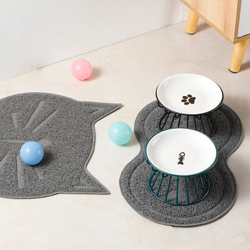 Gamelles Esprit Chat en céramique sur support en fer avec tapis gris pour chat