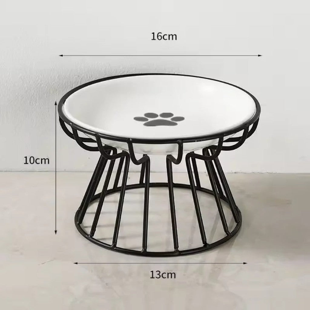 Gamelle Esprit Chat en céramique blanche avec motif patte, sur support en métal noir, design ergonomique anti-fatigue