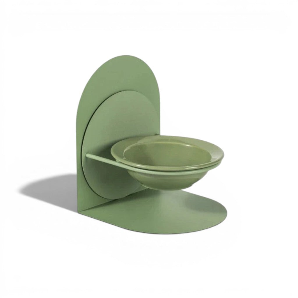 Gamelle pour chat Esprit Chat en céramique verte avec support métallique réglable au design minimaliste et arrondi