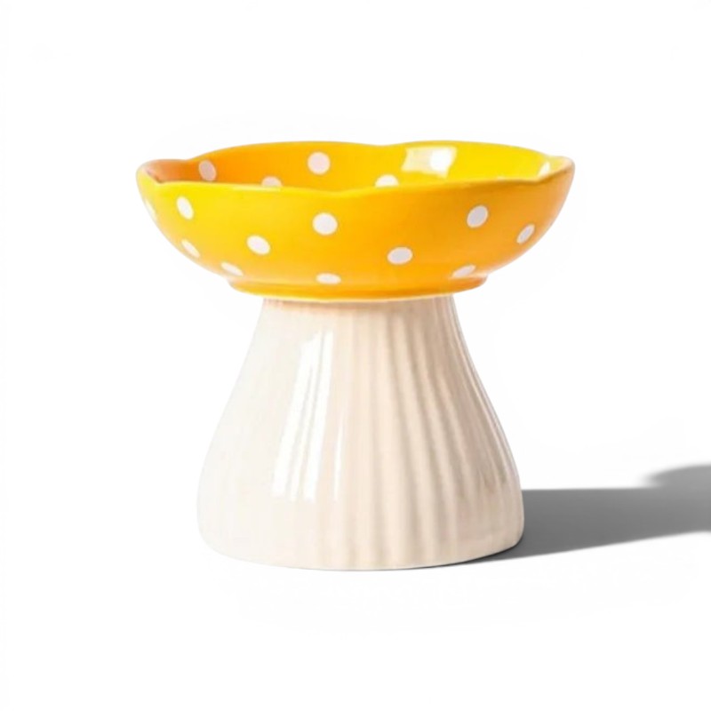 Gamelle pour chat Esprit Chat en forme de champignon jaune à pois blancs, en résine durable et ergonomique