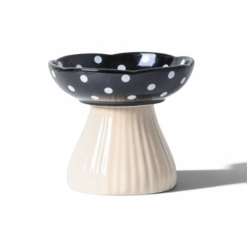 Gamelle pour chat Esprit Chat en forme de champignon noir à pois blancs, en résine durable et design ergonomique