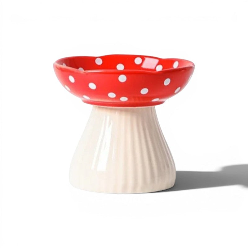 Gamelle pour chat Esprit Chat en forme de champignon rouge à pois blancs, design ergonomique en résine