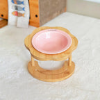 Gamelle pour chat Esprit Chat surélevée avec bol en céramique rose et support en bois en forme de fleur
