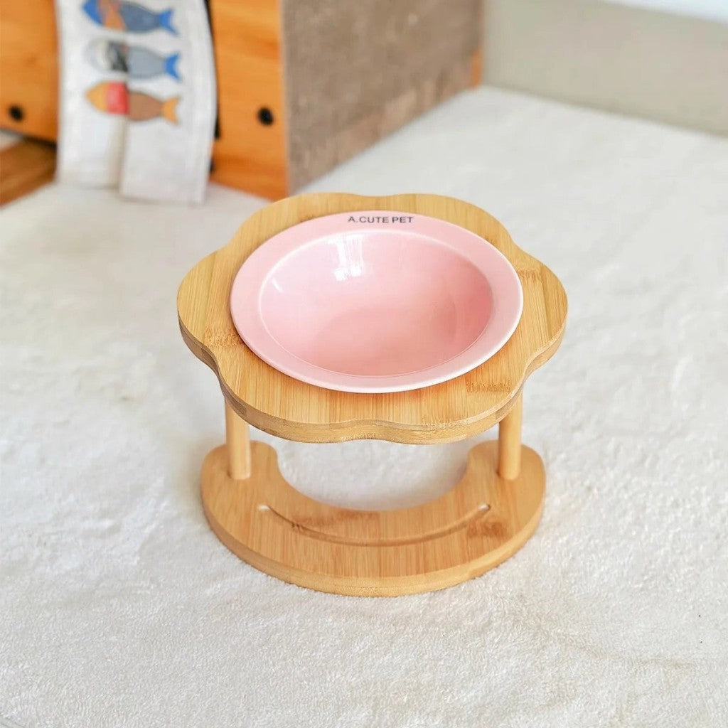 Gamelle pour chat Esprit Chat surélevée avec bol en céramique rose et support en bois en forme de fleur