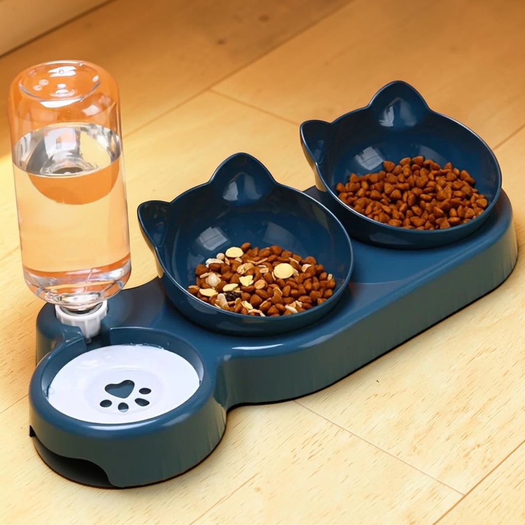 Gamelle ergonomique Esprit Chat en plastique bleu avec distributeur d'eau et deux bols en forme de chat.