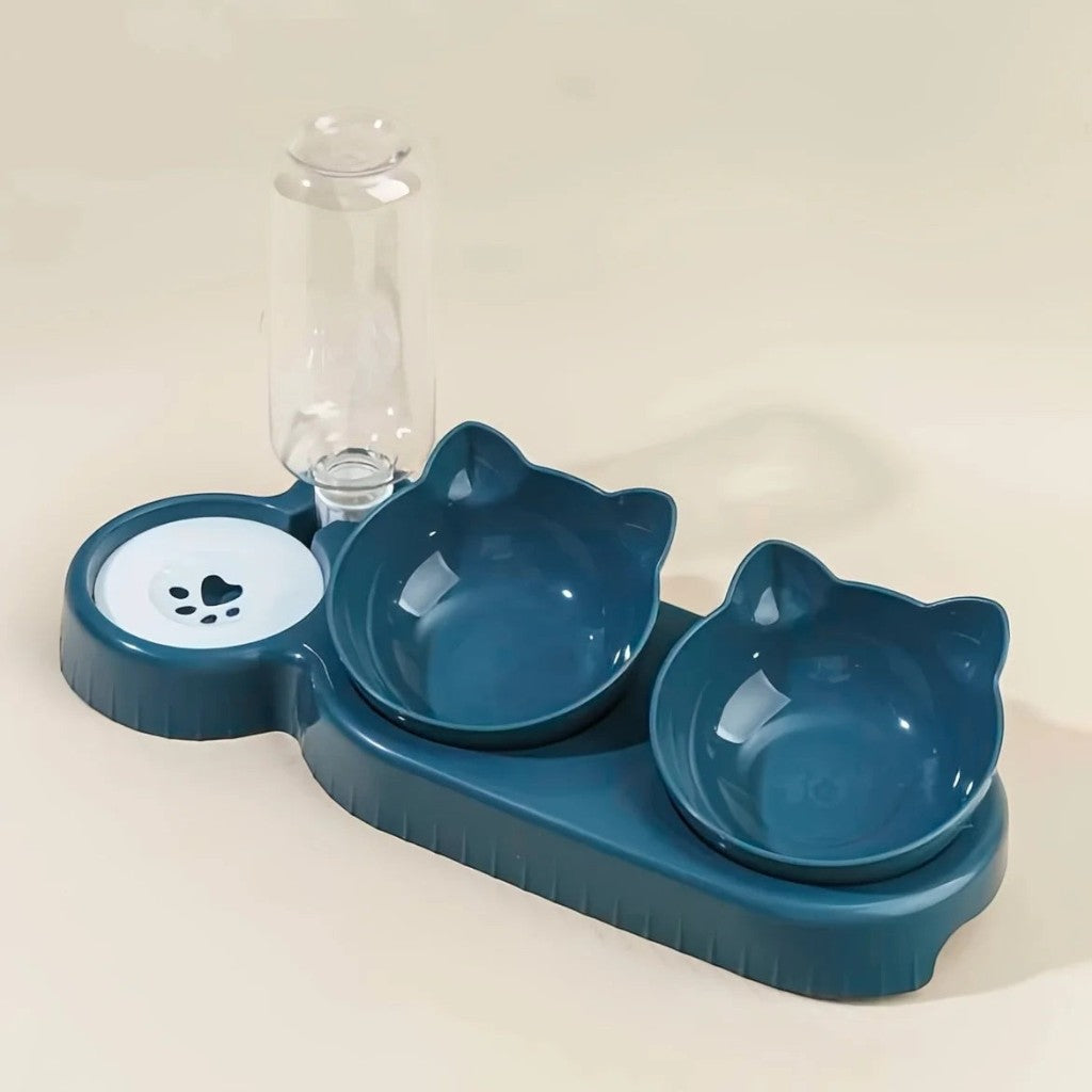 Gamelle ergonomique pour chat Esprit Chat en plastique bleu avec distributeur d'eau intégré et forme de tête de chat.