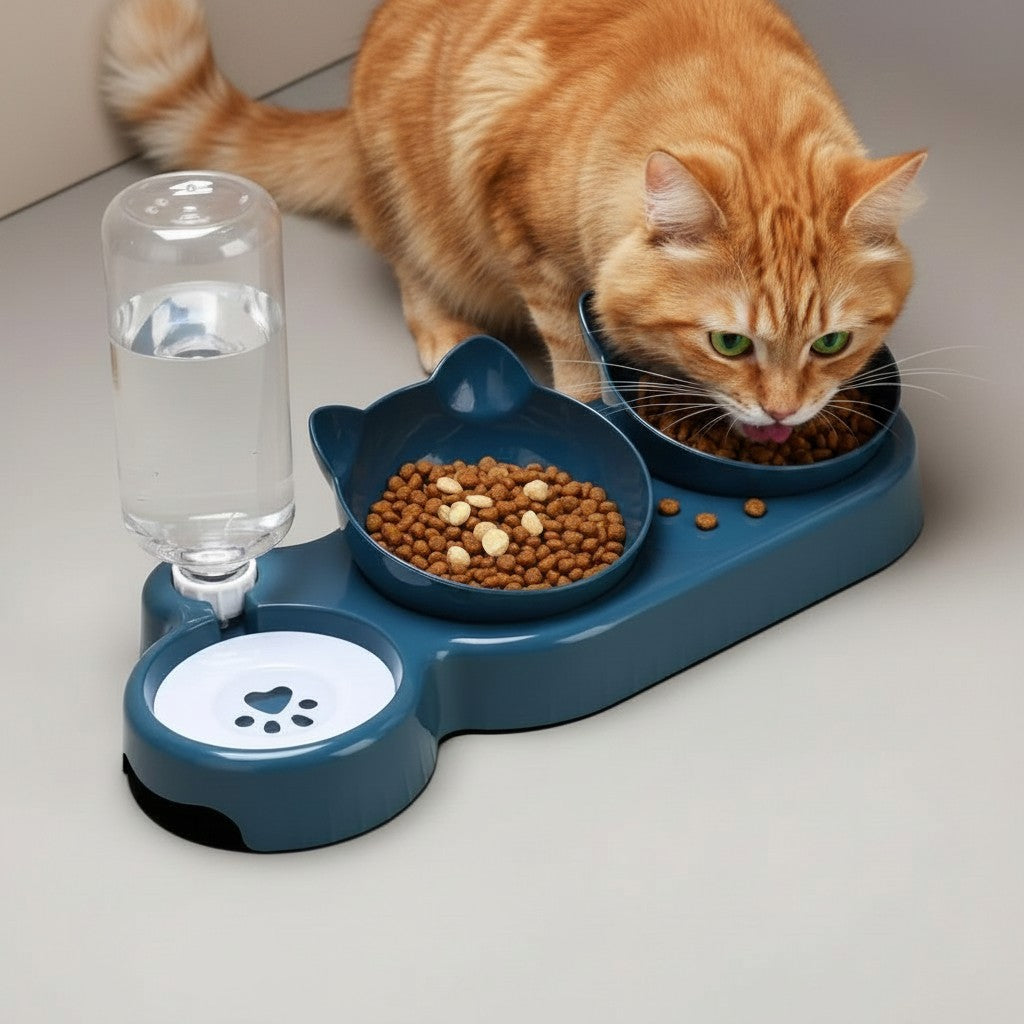 Gamelle ergonomique bleue en plastique pour chat, avec distributeur d'eau intégré et deux bols en forme de tête de chat. Esprit Chat.