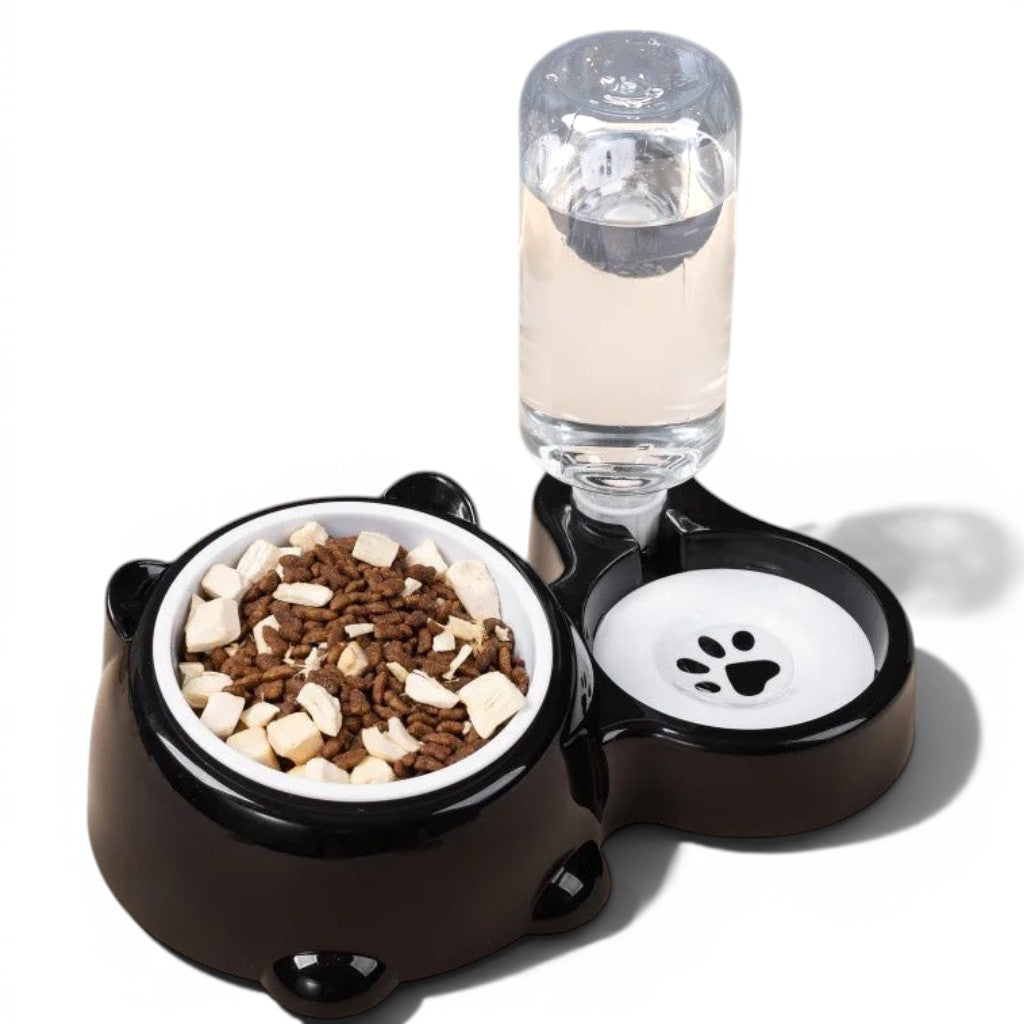 Gamelle double Esprit Chat en acier inoxydable noir avec distributeur d'eau automatique pour chat