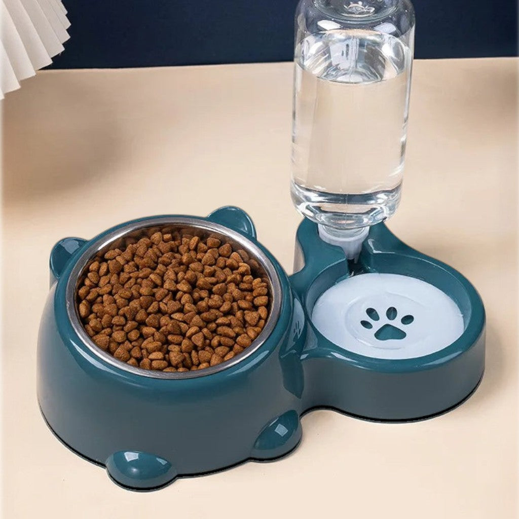 Gamelle Esprit Chat double avec bol en acier inoxydable et distributeur d'eau automatique sur base verte arrondie