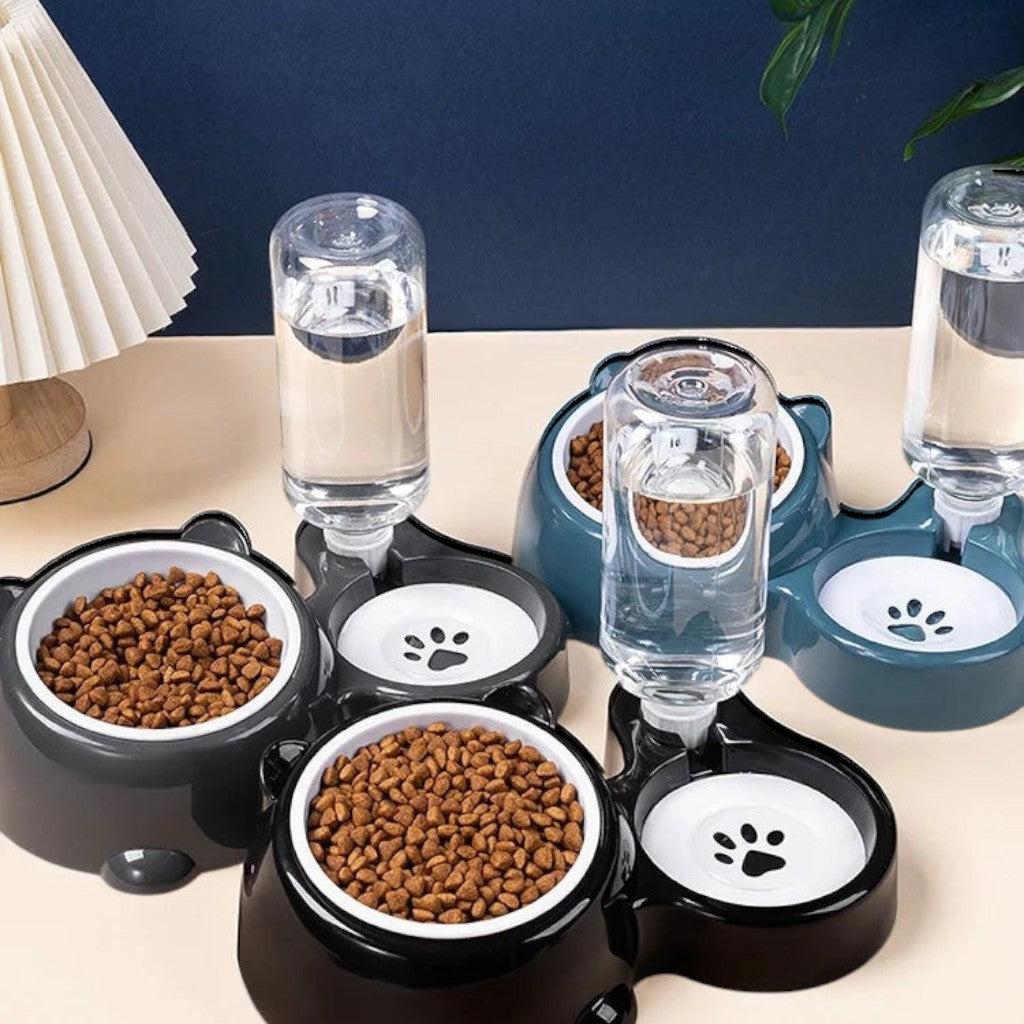 Gamelle double Esprit Chat en acier inoxydable avec distributeur d'eau automatique et base antidérapante