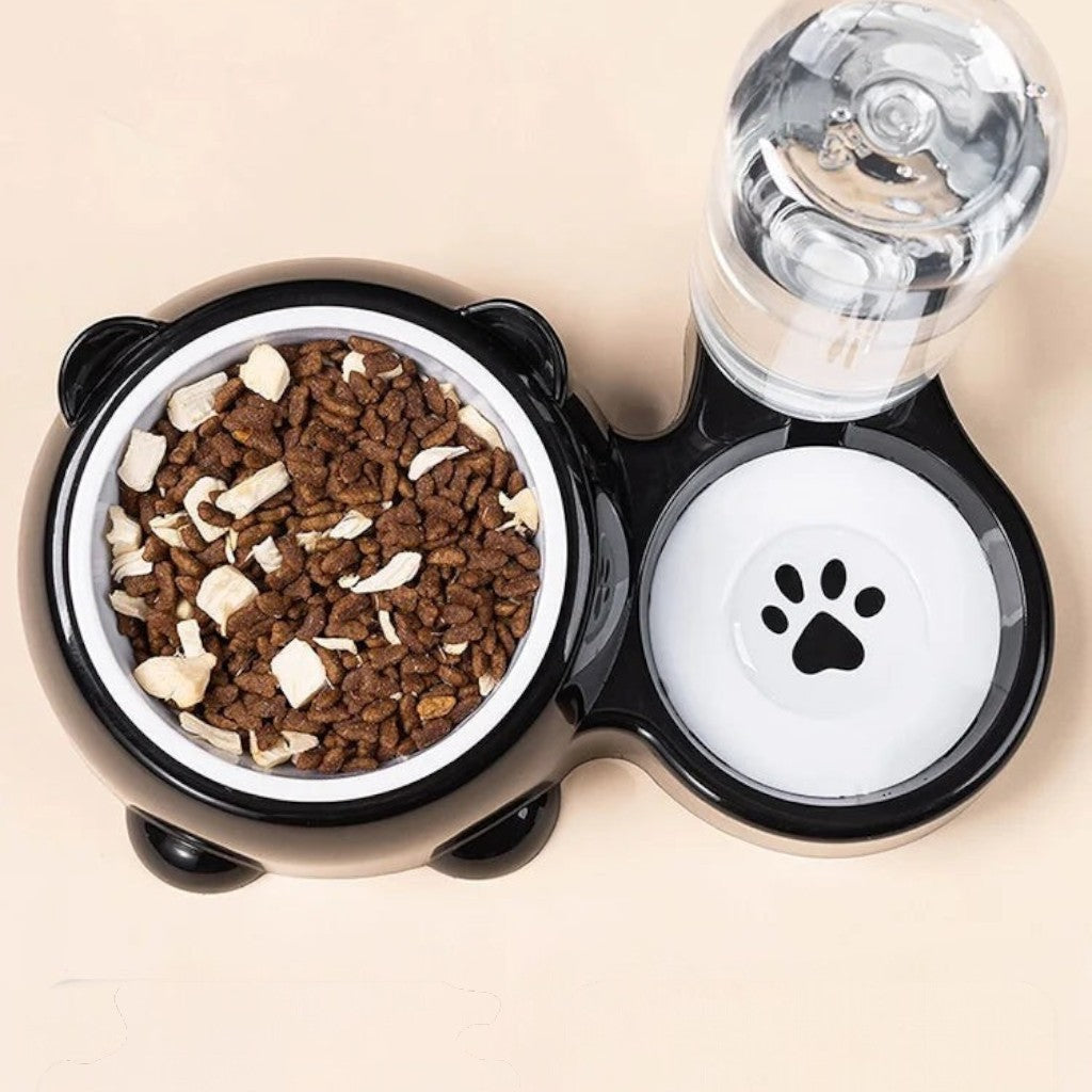 Gamelle Esprit Chat double avec distributeur d'eau automatique, bol en acier inoxydable et base noire en forme d'ours