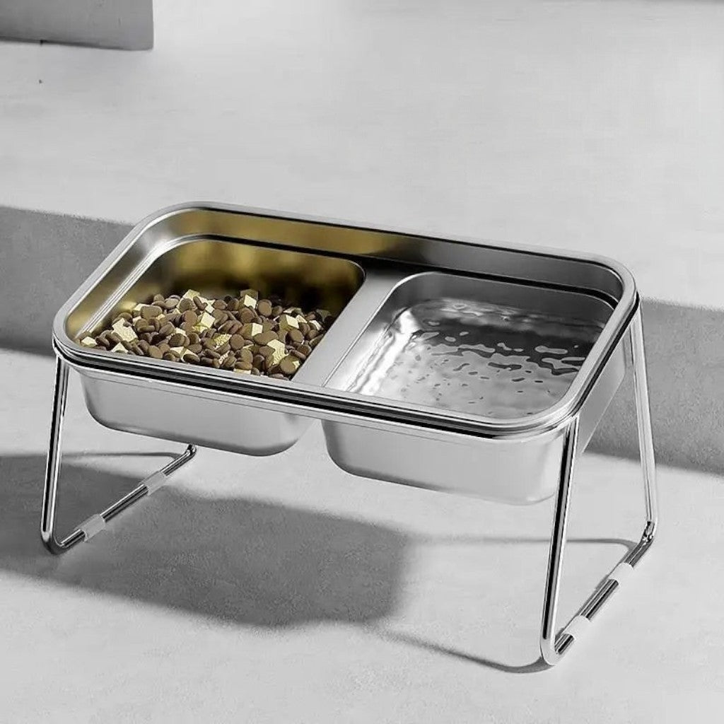 Gamelle double Esprit Chat en acier inoxydable sur pied pour nourriture et eau, design moderne et antidérapant