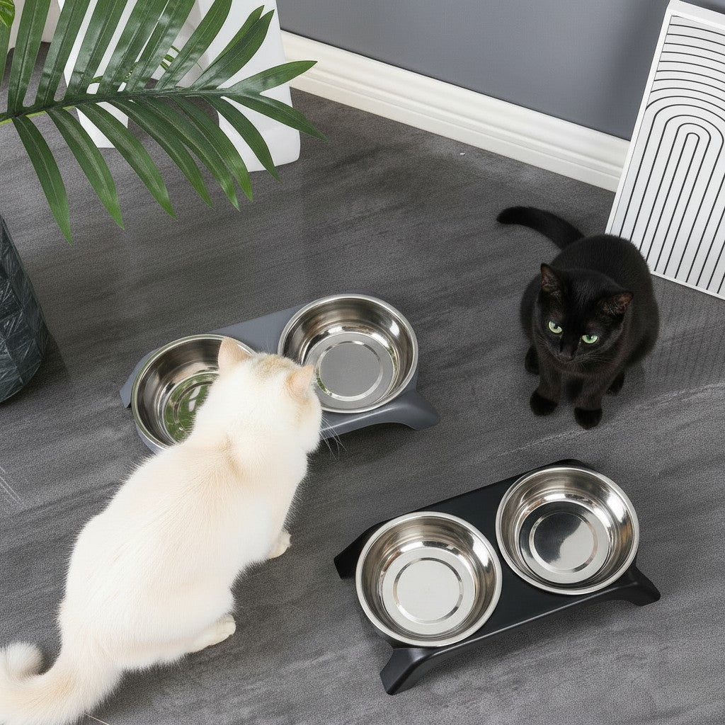 Gamelle double Esprit Chat en acier inoxydable sur support surélevé pour chats, design moderne et ergonomique