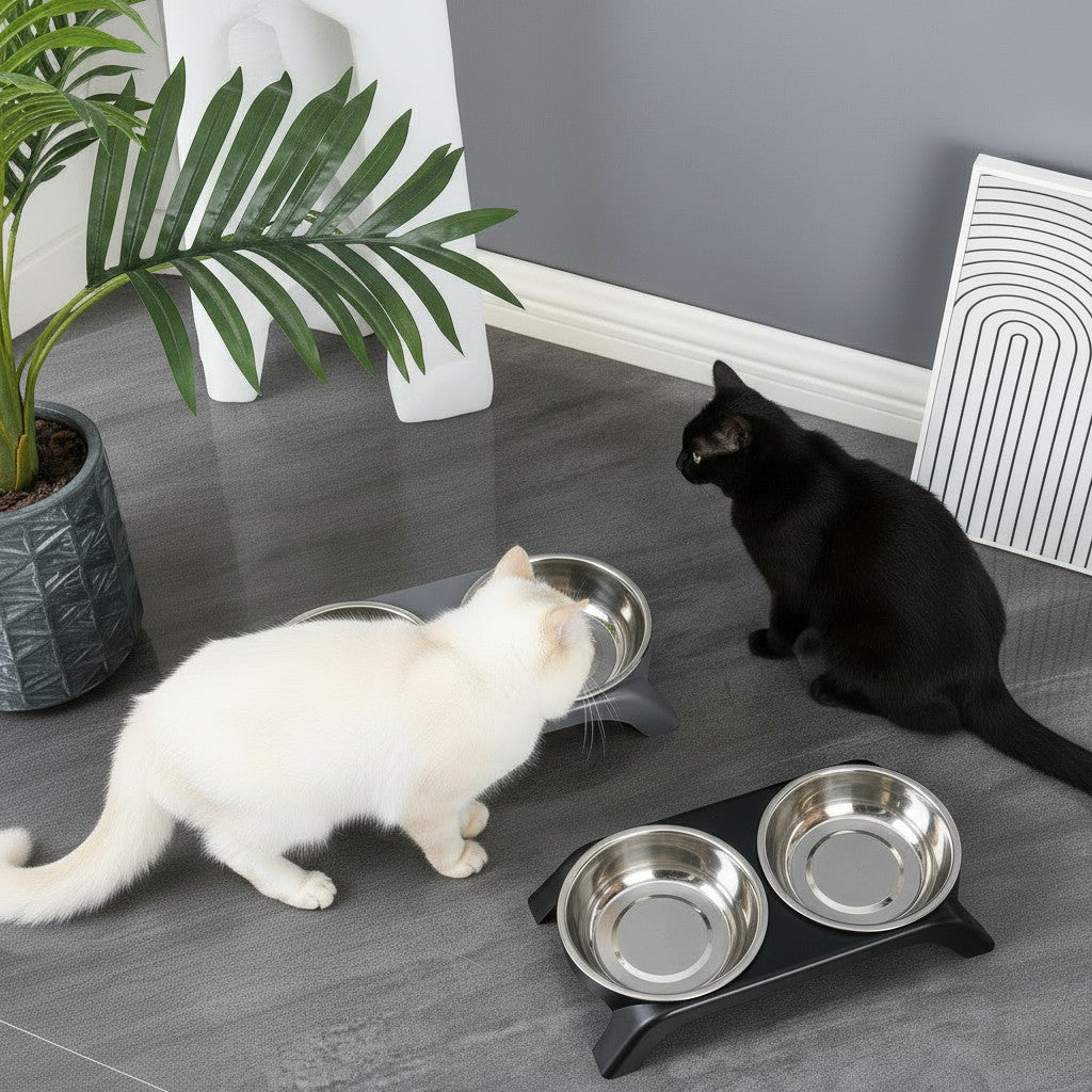 Gamelle double Esprit Chat en acier inoxydable sur support noir avec un chat blanc et un chat noir qui mangent