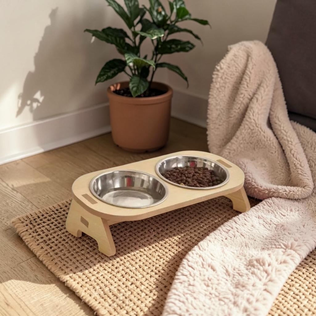 Esprit Chat double gamelle surélevée en bois pour chat ou chien, avec bols en acier inoxydable.