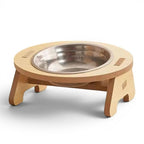 Gamelle double surélevée en bois pour chat Esprit Chat, bol en acier inoxydable, design moderne et stable.